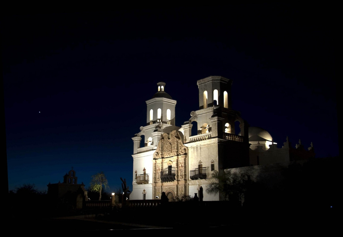 San Xavier Del Bac Mission At Night With Venus To The Left